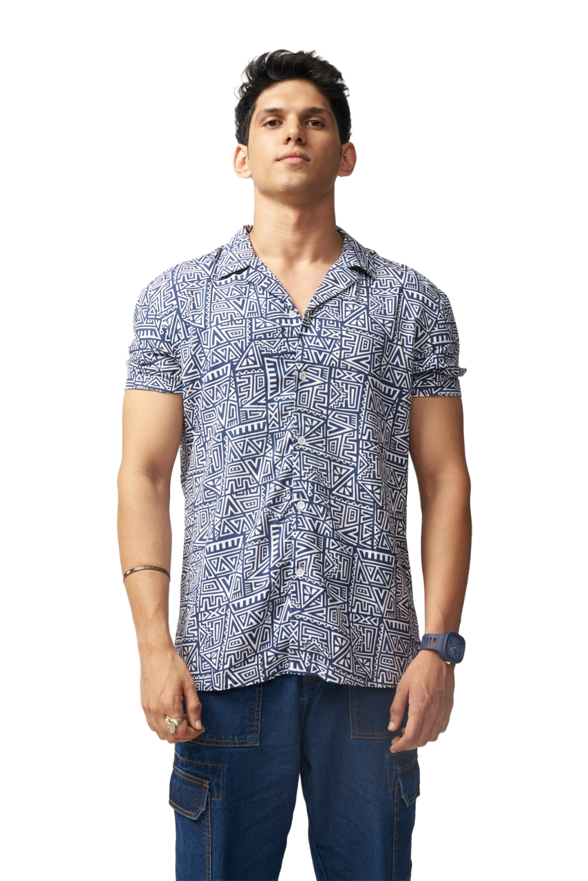 Geometric Navy White Short Sleeves Shirt for Men