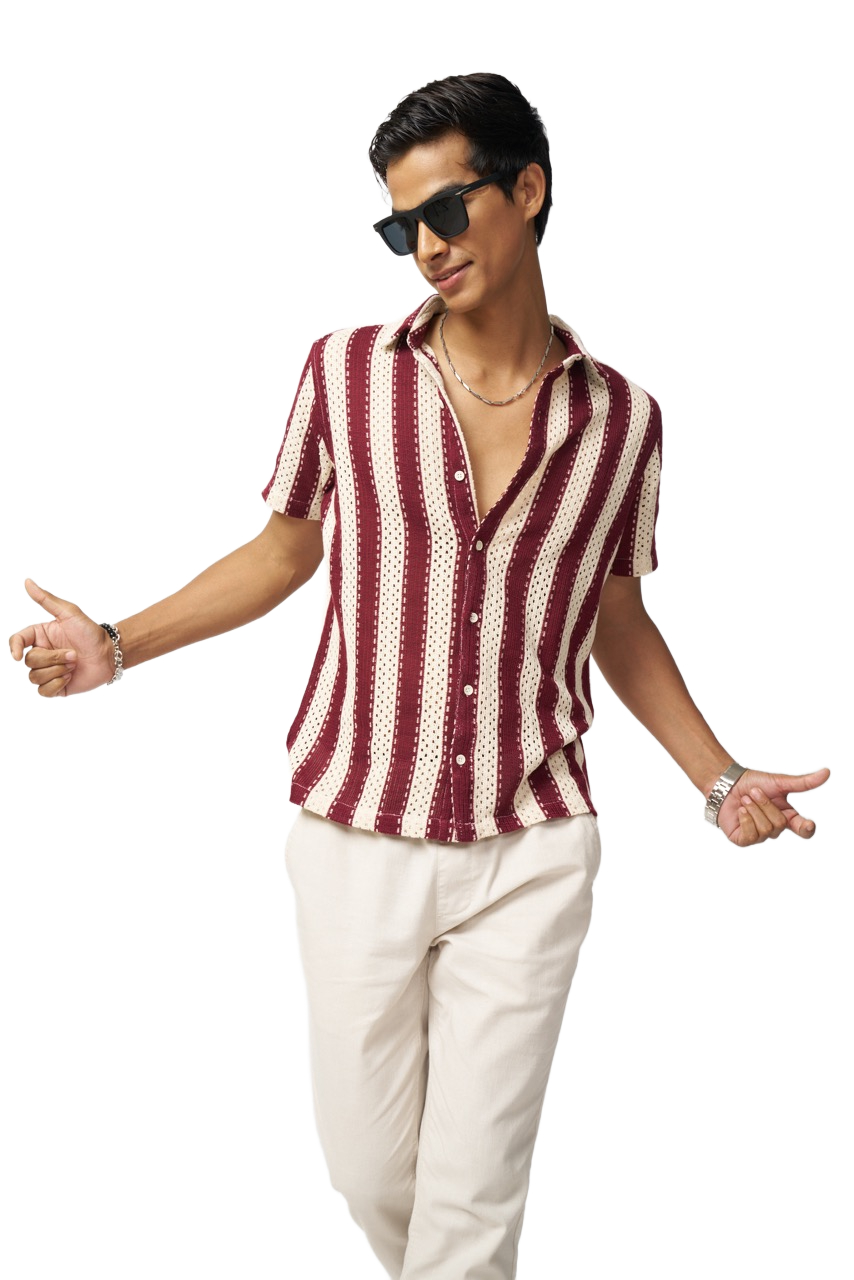 Men's Striped Burgundy White Short-Sleeve Shirt 