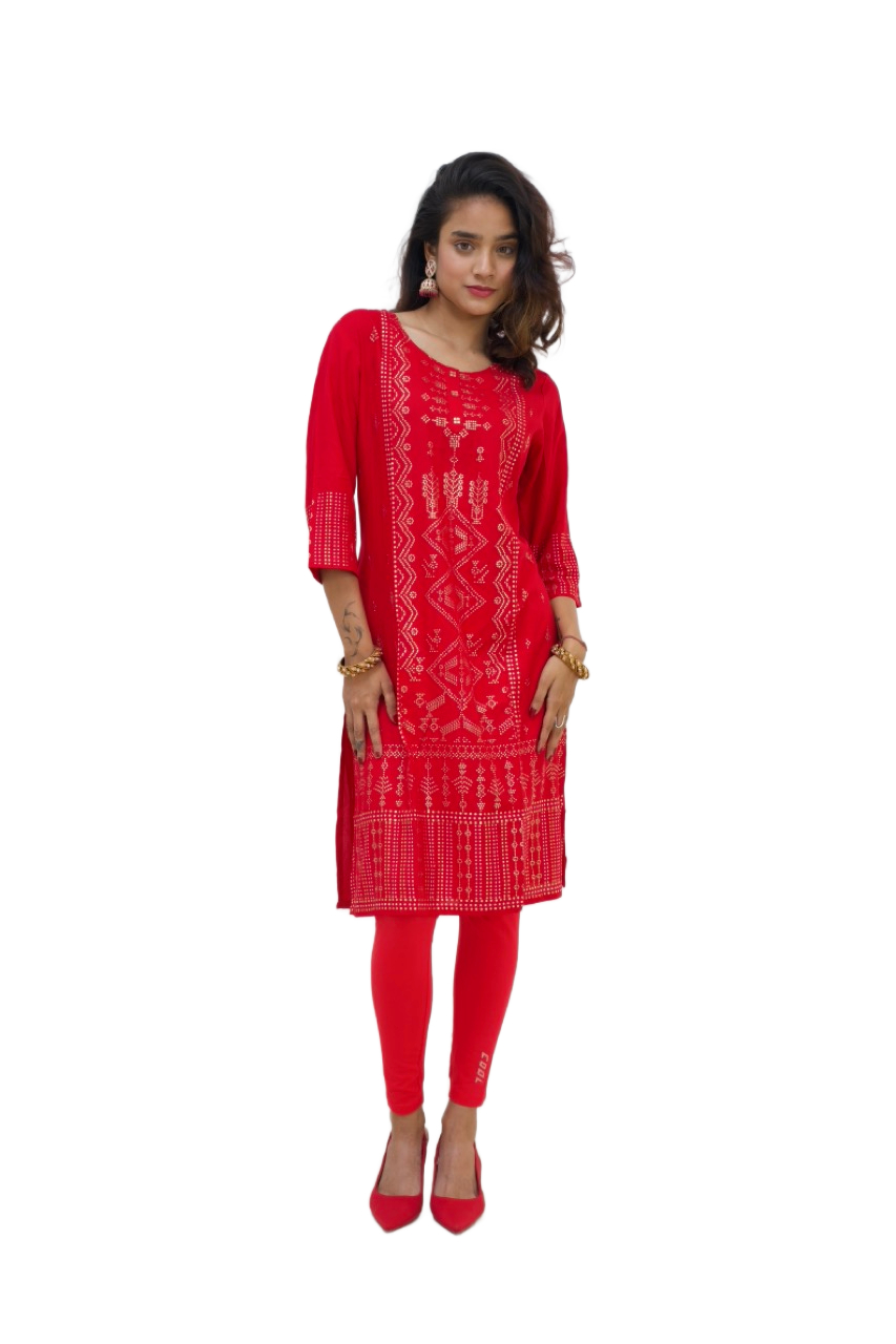 Women's Geometric & Floral Embroidered Red Kurta