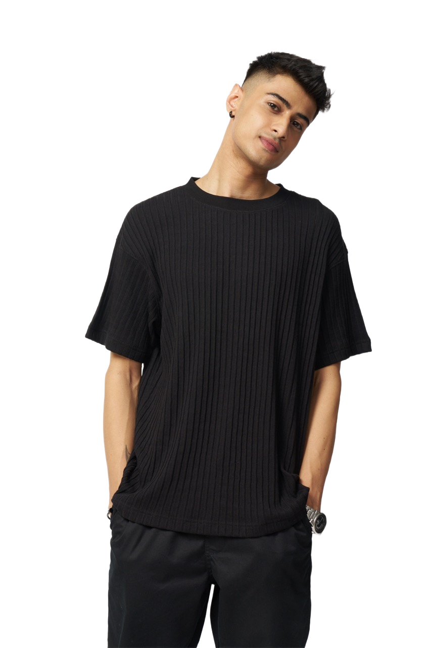 Oversized Ribbed Knit Black T-Shirt for Men