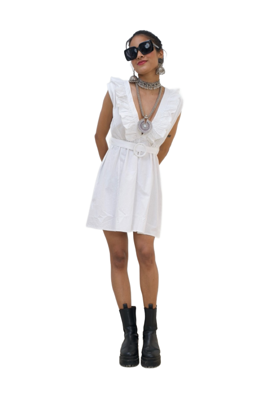 White Ruffled V-neck Mini Dress for Women