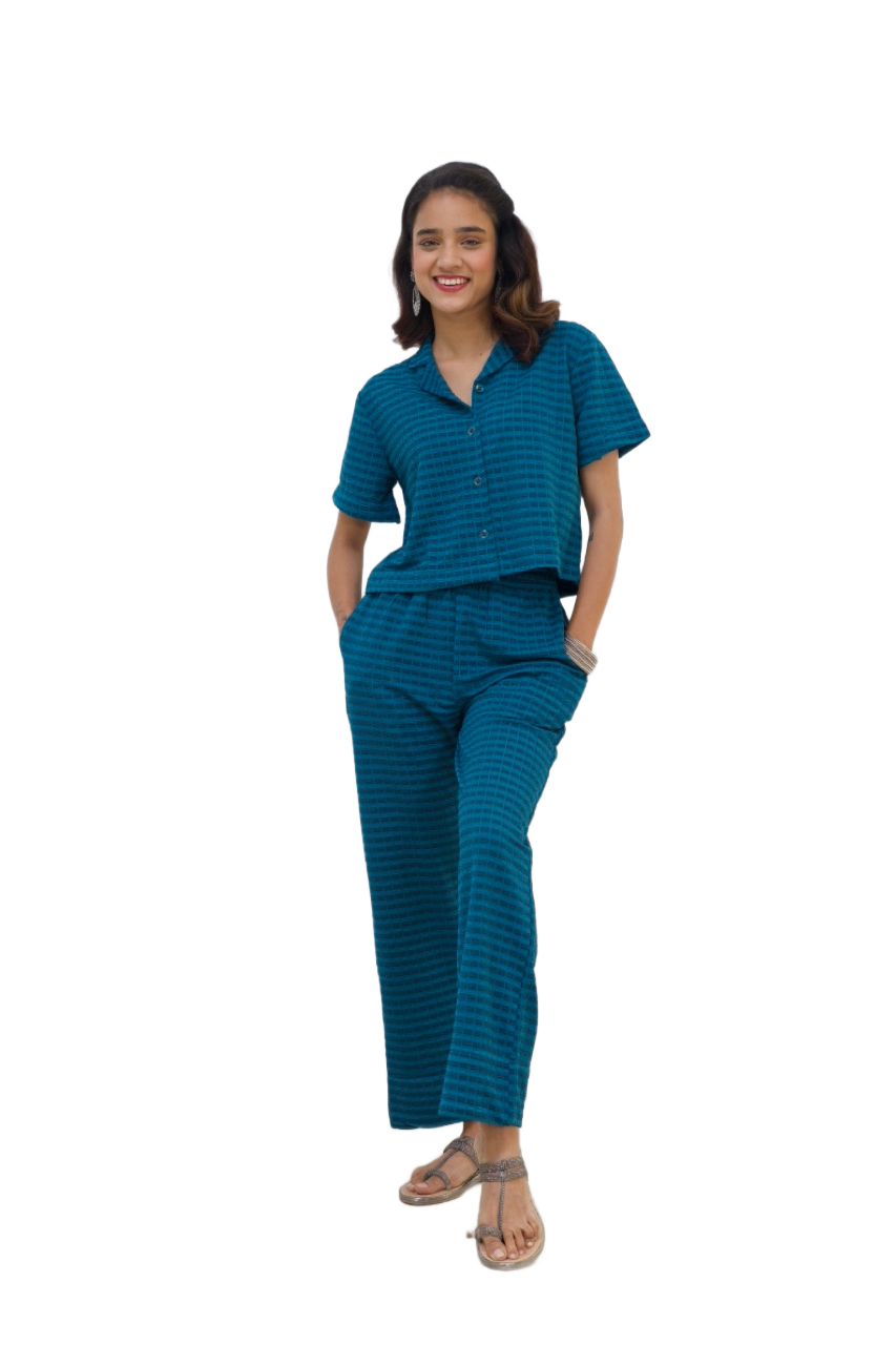 Women's Teal Checkered High-waisted Wide-Leg Pant