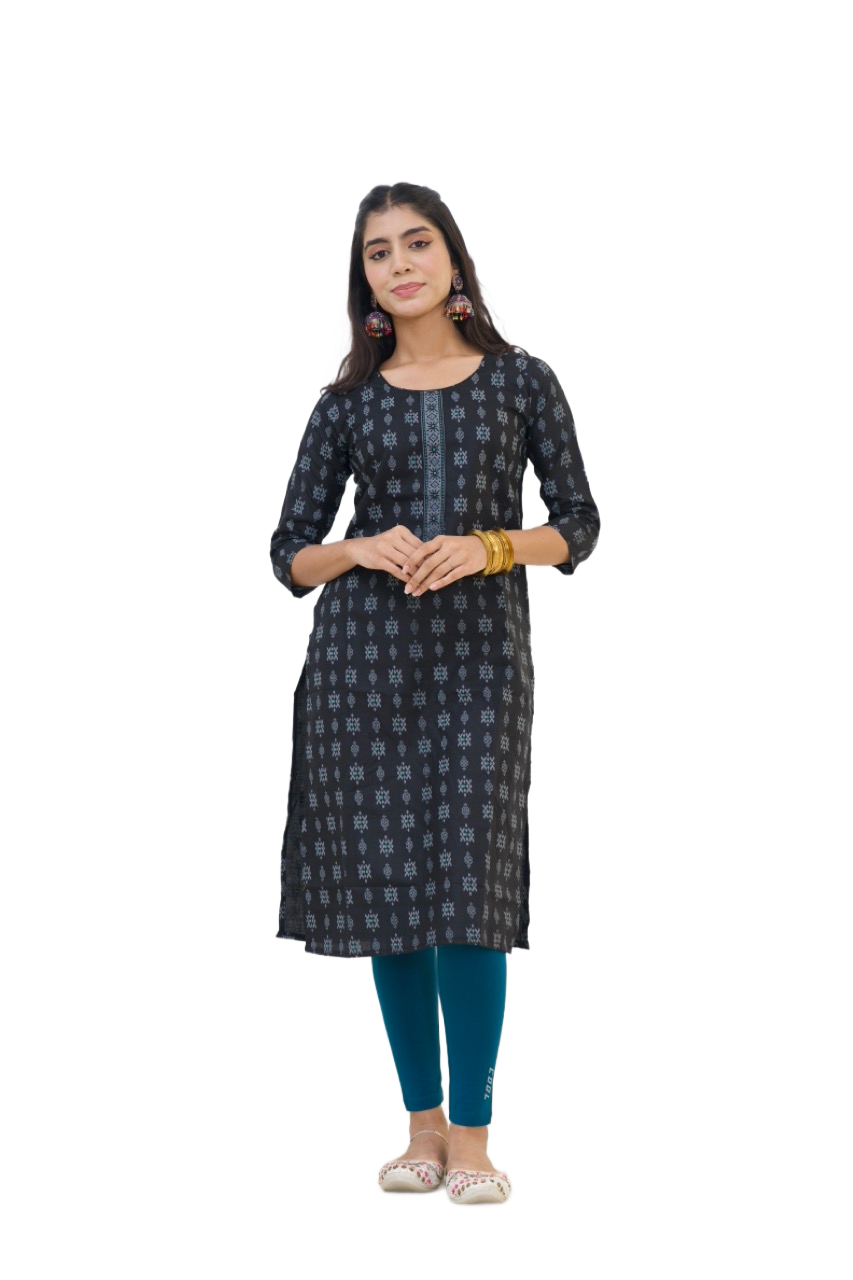 Black Geometric Straight Round-neck Kurti