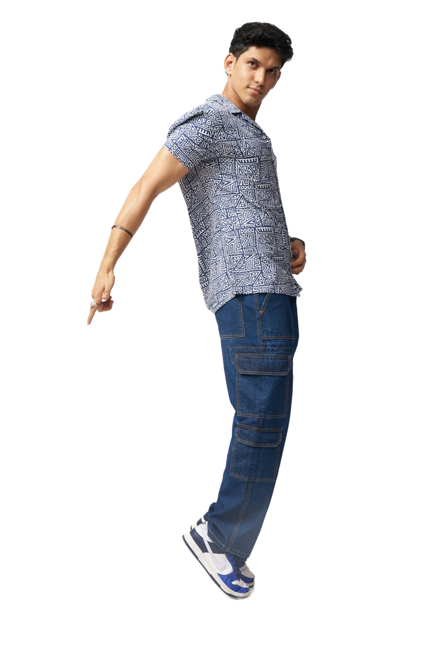 Straight-fit Blue Denim Utility Cargo Pant for Men